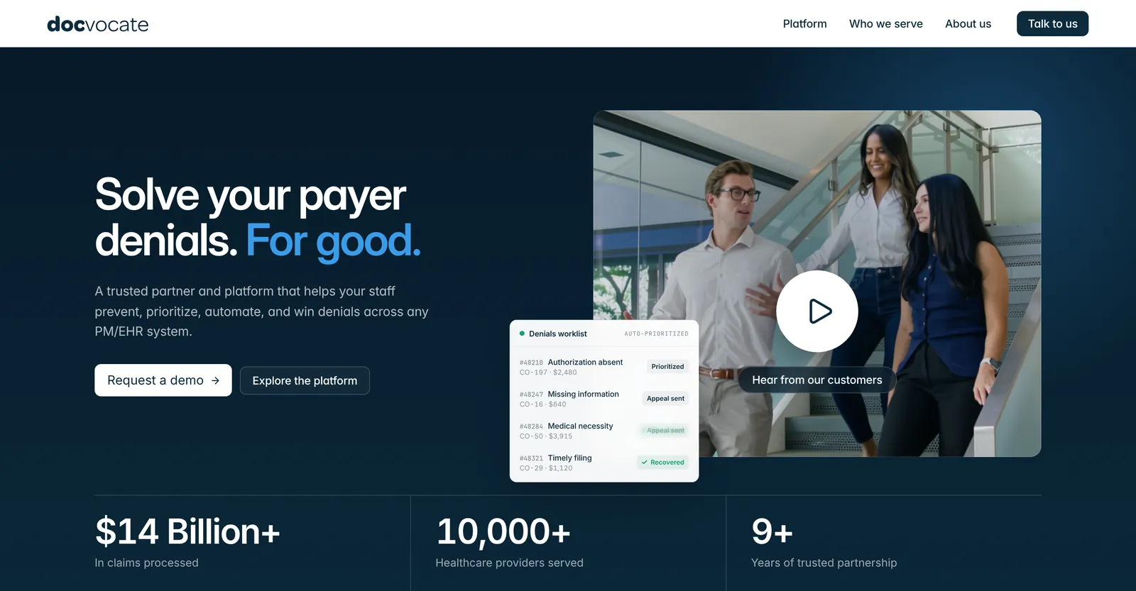 DocVocate: Payer intelligence and denials automation for outpatient care.